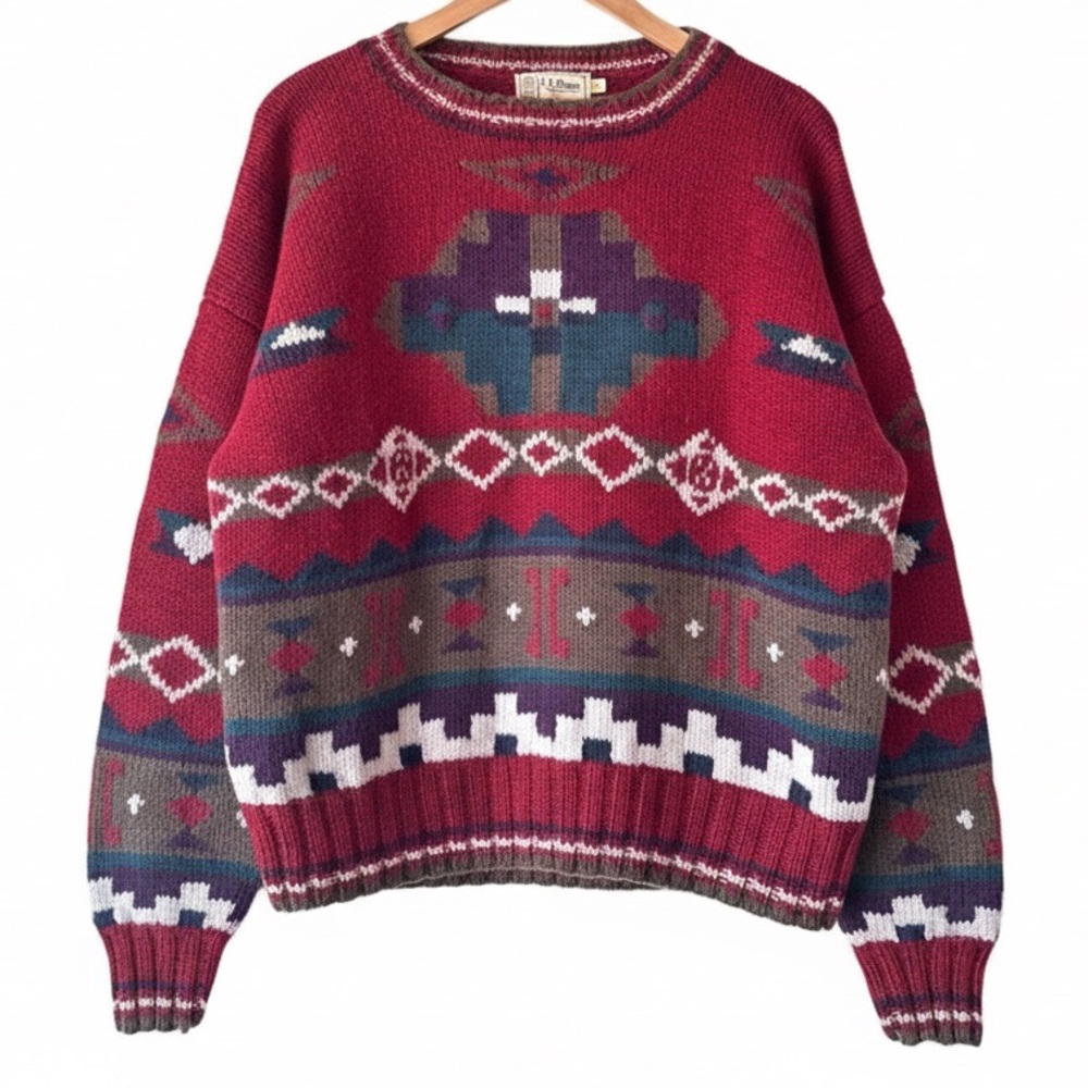 90s LL BEAN Geometric Pure New Wool Sweater Made in Hong Kong Large Grandpa Core - Picture 10 of 12
